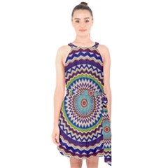 Kaleidoscope Geometric Circles Mandala Pattern Halter Collar Waist Tie Chiffon Dress