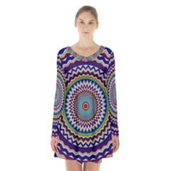 Kaleidoscope Geometric Circles Mandala Pattern Long Sleeve Velvet V-neck Dress by Jancukart