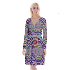 Kaleidoscope Geometric Circles Mandala Pattern Long Sleeve Velvet Front Wrap Dress