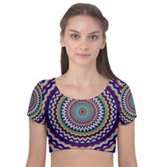 Kaleidoscope Geometric Circles Mandala Pattern Velvet Short Sleeve Crop Top 