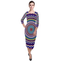 Kaleidoscope Geometric Circles Mandala Pattern Quarter Sleeve Midi Velour Bodycon Dress