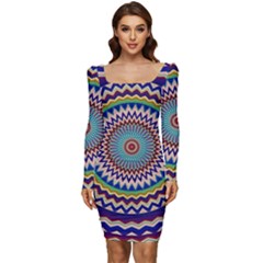 Kaleidoscope Geometric Circles Mandala Pattern Women Long Sleeve Ruched Stretch Jersey Dress