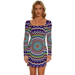 Kaleidoscope Geometric Circles Mandala Pattern Long Sleeve Square Neck Bodycon Velour Dress