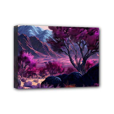 Landscape Landscape Painting Purple Purple Trees Mini Canvas 7  X 5  (stretched)