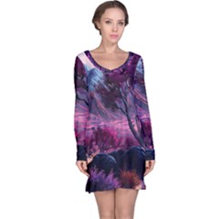 Landscape Landscape Painting Purple Purple Trees Long Sleeve Nightdress by Jancukart