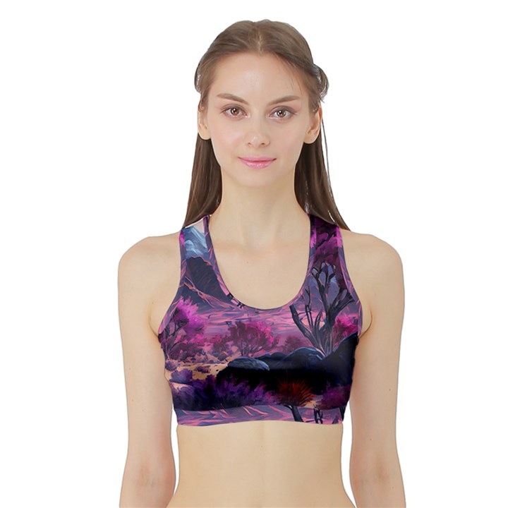 Landscape Landscape Painting Purple Purple Trees Sports Bra with Border