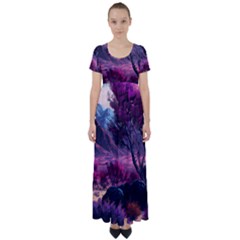 Landscape Landscape Painting Purple Purple Trees High Waist Short Sleeve Maxi Dress