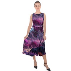 Landscape Landscape Painting Purple Purple Trees Midi Tie-back Chiffon Dress