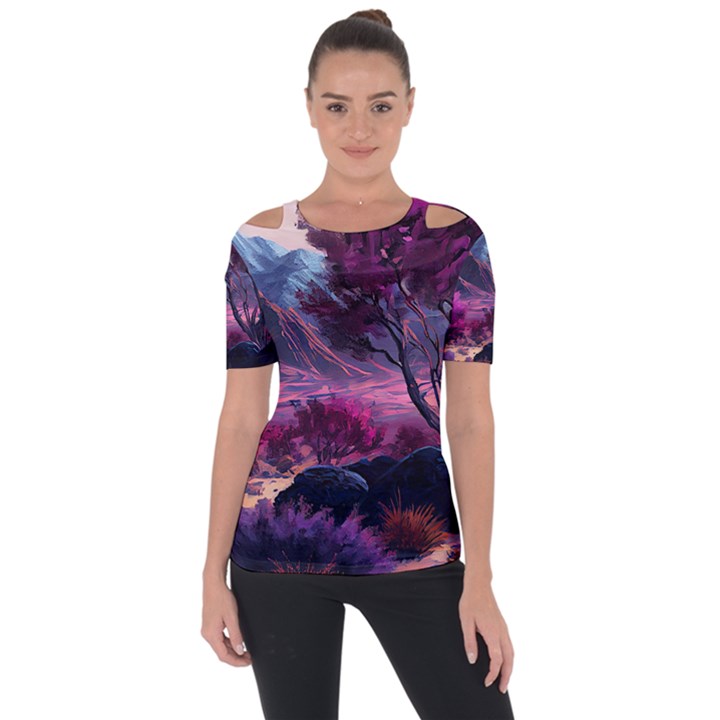 Landscape Landscape Painting Purple Purple Trees Shoulder Cut Out Short Sleeve Top