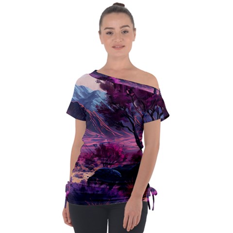 Landscape Landscape Painting Purple Purple Trees Off Shoulder Tie-up Tee by Jancukart