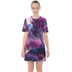 Landscape Landscape Painting Purple Purple Trees Sixties Short Sleeve Mini Dress