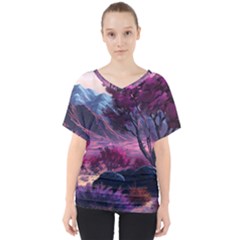 Landscape Landscape Painting Purple Purple Trees V-neck Dolman Drape Top