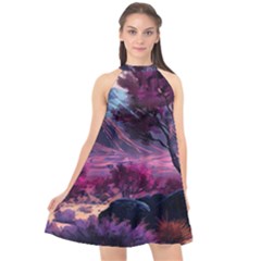 Landscape Landscape Painting Purple Purple Trees Halter Neckline Chiffon Dress 