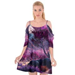 Landscape Landscape Painting Purple Purple Trees Cutout Spaghetti Strap Chiffon Dress