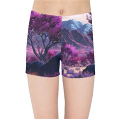 Landscape Landscape Painting Purple Purple Trees Kids  Sports Shorts