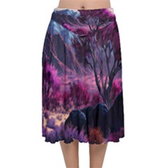 Landscape Landscape Painting Purple Purple Trees Velvet Flared Midi Skirt by Jancukart