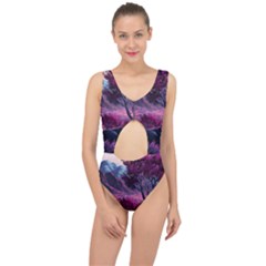 Landscape Landscape Painting Purple Purple Trees Center Cut Out Swimsuit