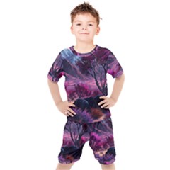 Landscape Landscape Painting Purple Purple Trees Kids  Tee And Shorts Set