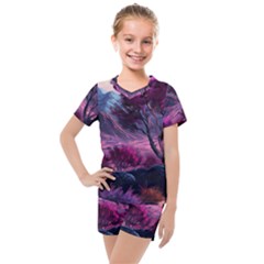 Landscape Landscape Painting Purple Purple Trees Kids  Mesh Tee And Shorts Set