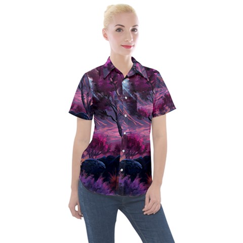 Landscape Landscape Painting Purple Purple Trees Women s Short Sleeve Pocket Shirt by Jancukart