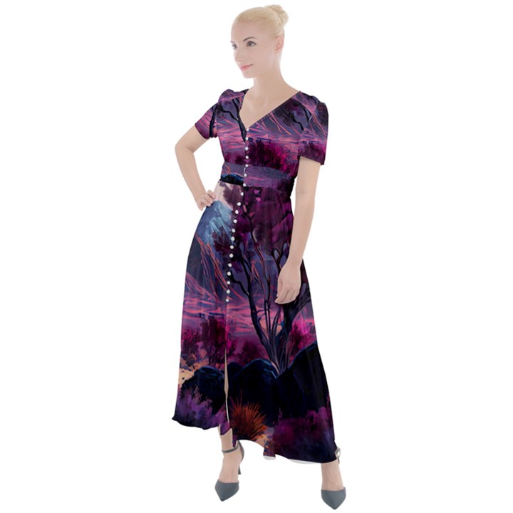 Landscape Landscape Painting Purple Purple Trees Button Up Short Sleeve Maxi Dress