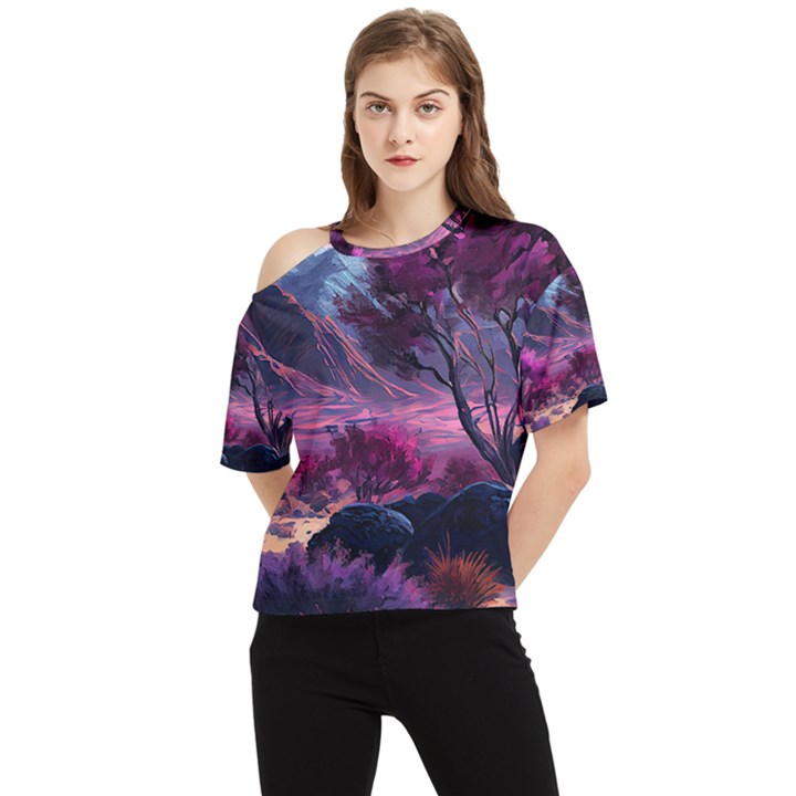 Landscape Landscape Painting Purple Purple Trees One Shoulder Cut Out Tee