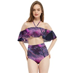 Landscape Landscape Painting Purple Purple Trees Halter Flowy Bikini Set 