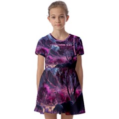 Landscape Landscape Painting Purple Purple Trees Kids  Short Sleeve Pinafore Style Dress