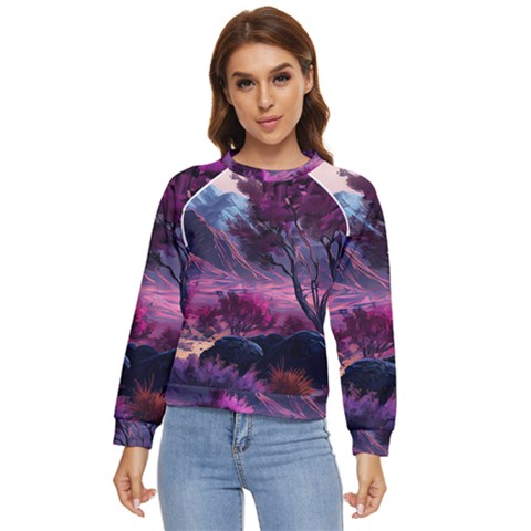 Landscape Landscape Painting Purple Purple Trees Women s Long Sleeve Raglan Tee by Jancukart