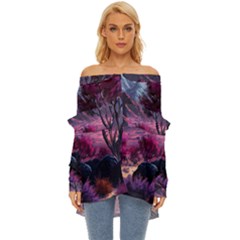 Landscape Landscape Painting Purple Purple Trees Off Shoulder Chiffon Pocket Shirt by Jancukart