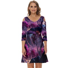 Landscape Landscape Painting Purple Purple Trees Shoulder Cut Out Zip Up Dress