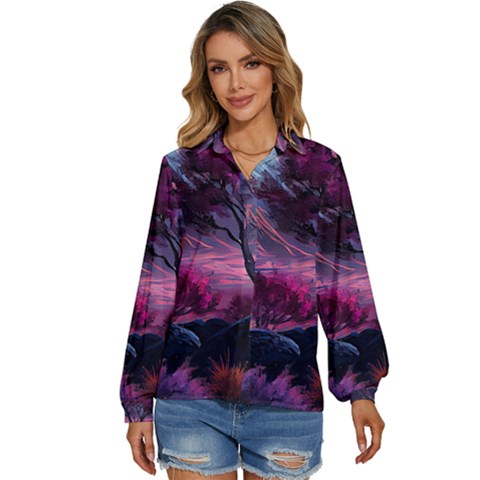 Landscape Landscape Painting Purple Purple Trees Women s Long Sleeve Button Down Shirt by Jancukart