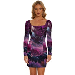 Landscape Landscape Painting Purple Purple Trees Long Sleeve Square Neck Bodycon Velour Dress by Jancukart