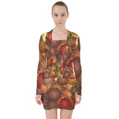 Flower Flora Decoration Pattern Drawing Floral V-neck Bodycon Long Sleeve Dress