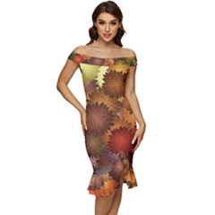 Flower Flora Decoration Pattern Drawing Floral Off Shoulder Ruffle Split Hem Bodycon Dress