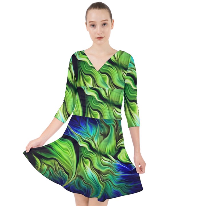 Fractal Art Pattern Abstract Fantasy Digital Quarter Sleeve Front Wrap Dress