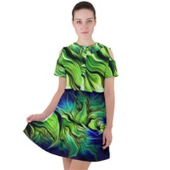 Fractal Art Pattern Abstract Fantasy Digital Short Sleeve Shoulder Cut Out Dress 