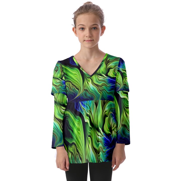 Fractal Art Pattern Abstract Fantasy Digital Kids  V Neck Casual Top