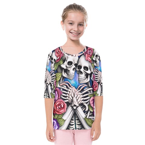 Floral Skeletons Kids  Quarter Sleeve Raglan Tee by GardenOfOphir