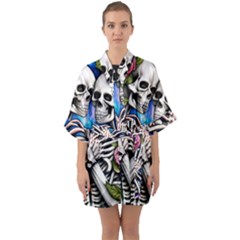 Floral Skeletons Half Sleeve Satin Kimono  by GardenOfOphir