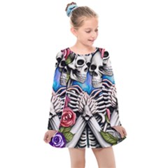 Floral Skeletons Kids  Long Sleeve Dress by GardenOfOphir