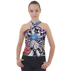 Floral Skeletons Cross Neck Velour Top by GardenOfOphir