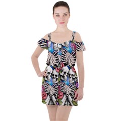 Floral Skeletons Ruffle Cut Out Chiffon Playsuit by GardenOfOphir