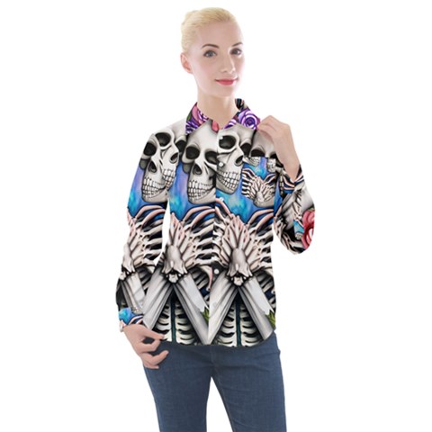 Floral Skeletons Women s Long Sleeve Pocket Shirt by GardenOfOphir