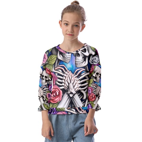 Floral Skeletons Kids  Cuff Sleeve Top by GardenOfOphir