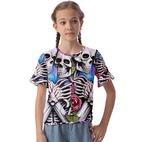 Floral Skeletons Kids  Cuff Sleeve Scrunch Bottom Tee by GardenOfOphir