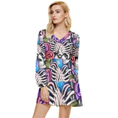 Floral Skeletons Tiered Long Sleeve Mini Dress by GardenOfOphir