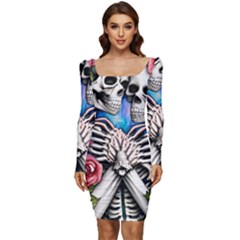 Floral Skeletons Women Long Sleeve Ruched Stretch Jersey Dress by GardenOfOphir