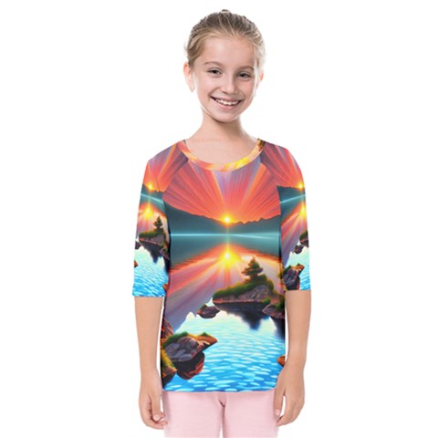 Sunset Over A Lake Kids  Quarter Sleeve Raglan Tee by GardenOfOphir