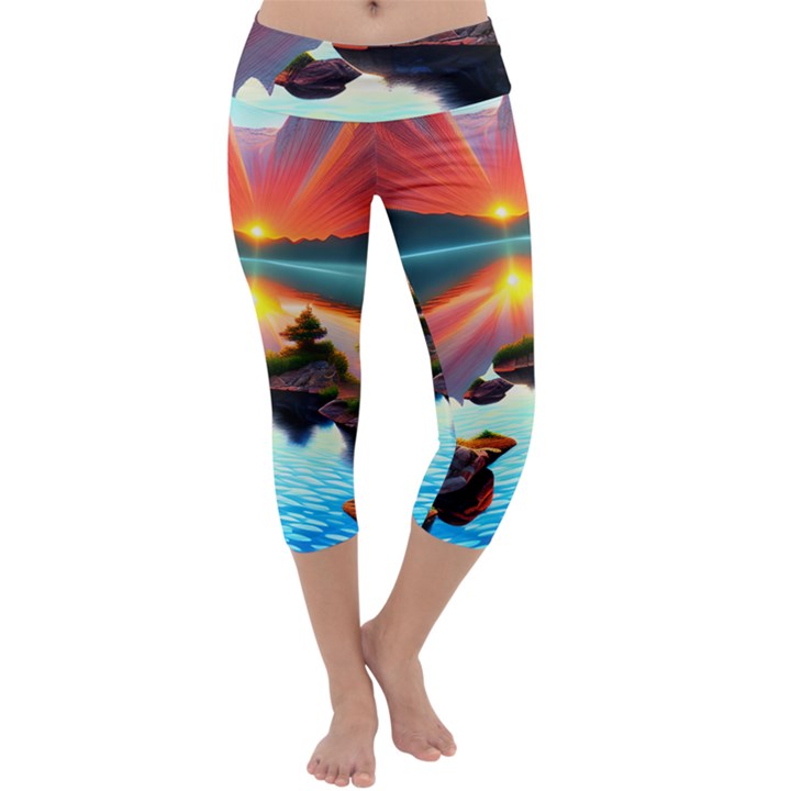 Sunset Over A Lake Capri Yoga Leggings